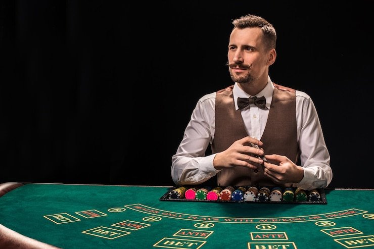Pemain terhubung langsung dengan dealer dalam permainan baccarat live casino dengan layar penuh